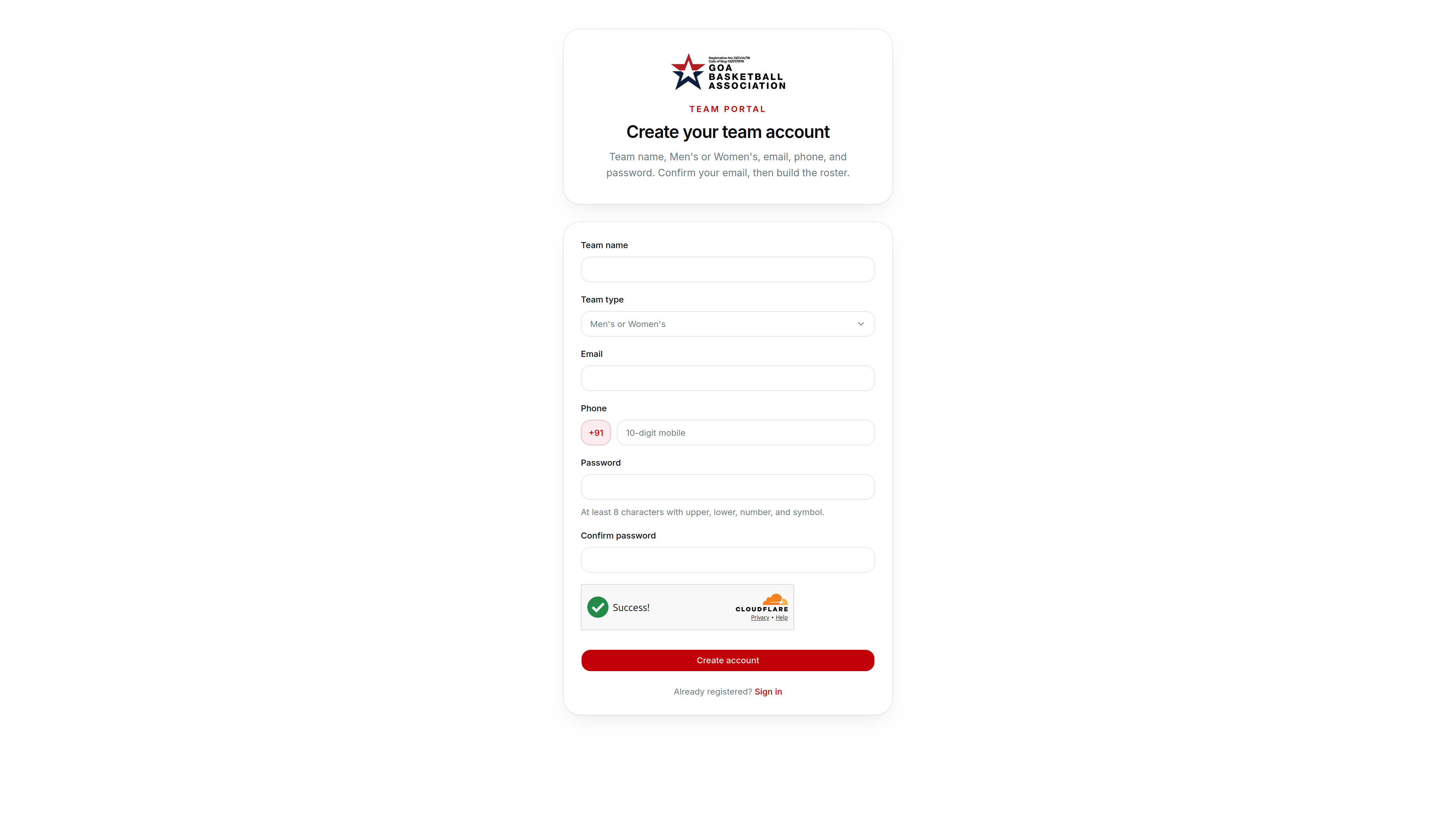 Team registration screen