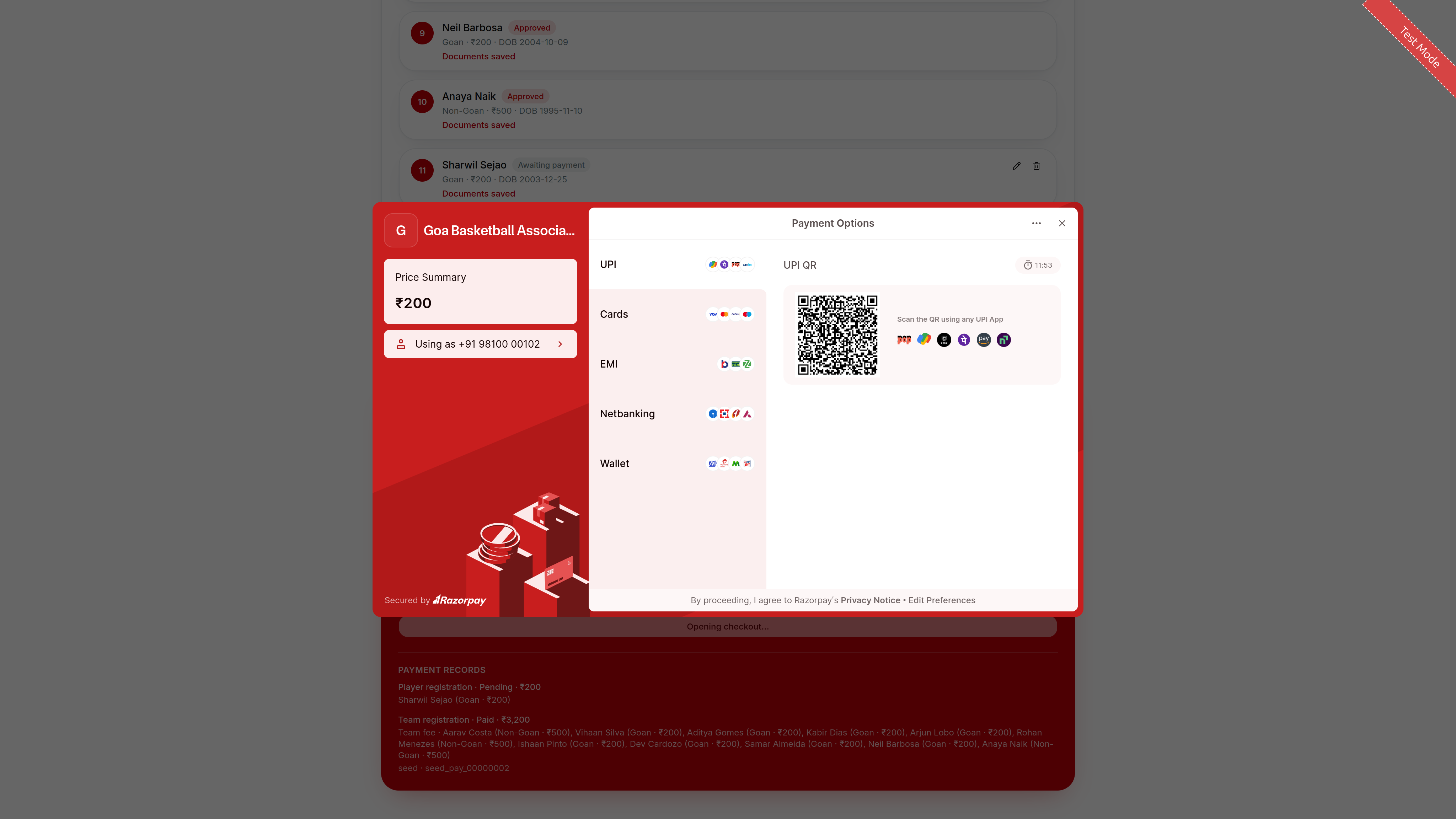 Online team and player fee payment screen