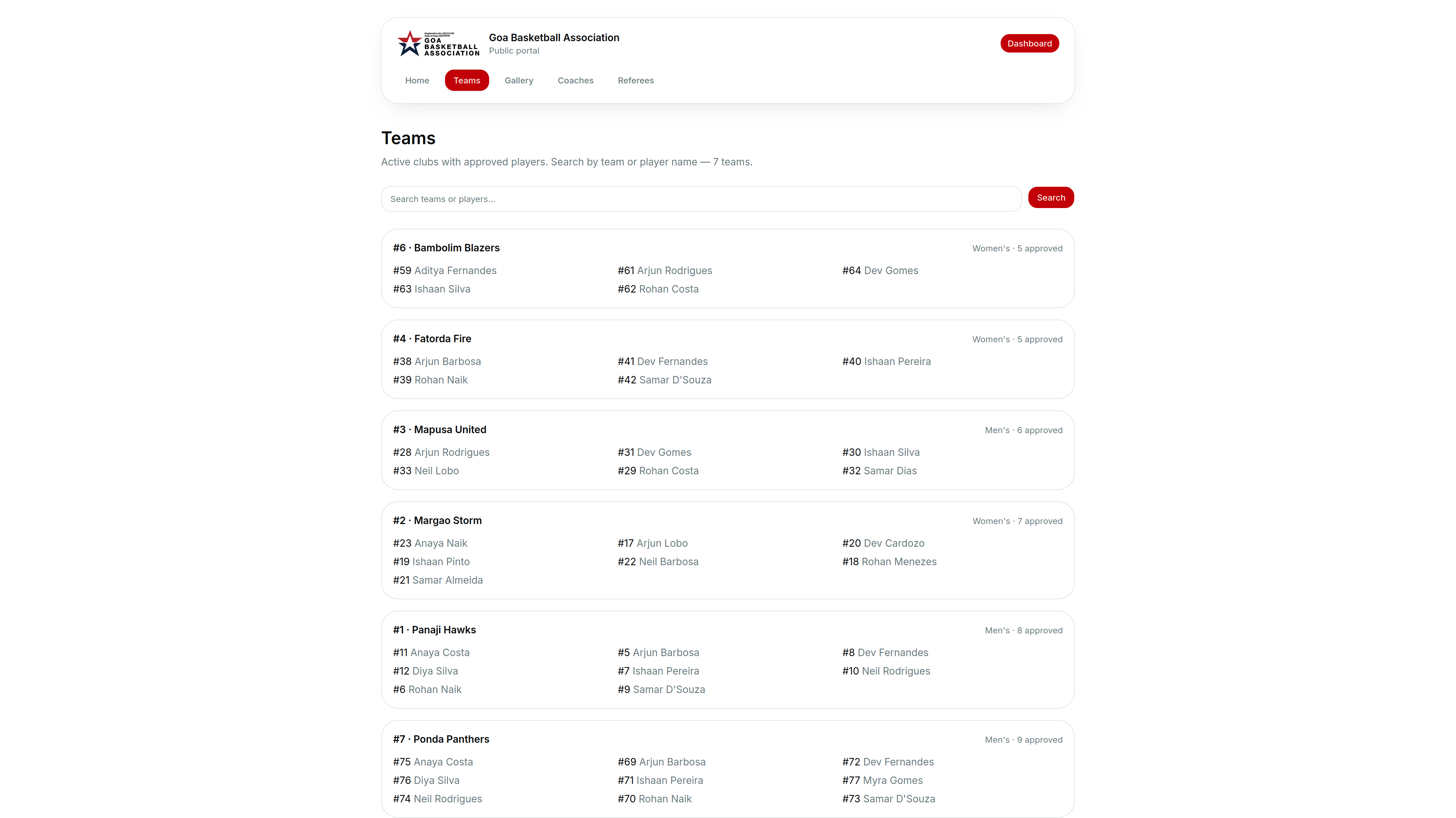 Public homepage with news and tournaments